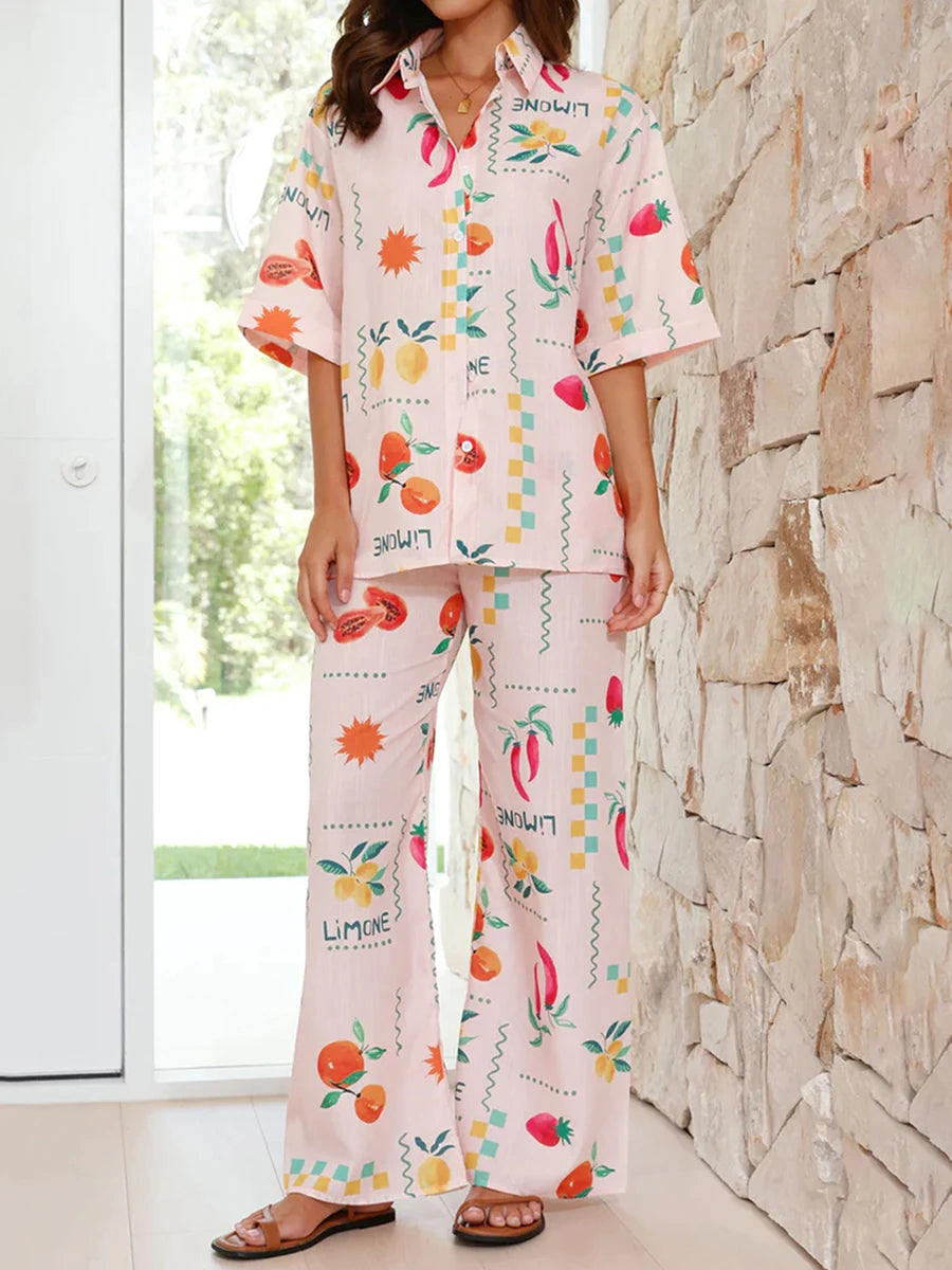 Conjunto Feminino 2 Peças Estampas Digitais Blusa Manga Curta Calças Largas - Penélope Cruz
