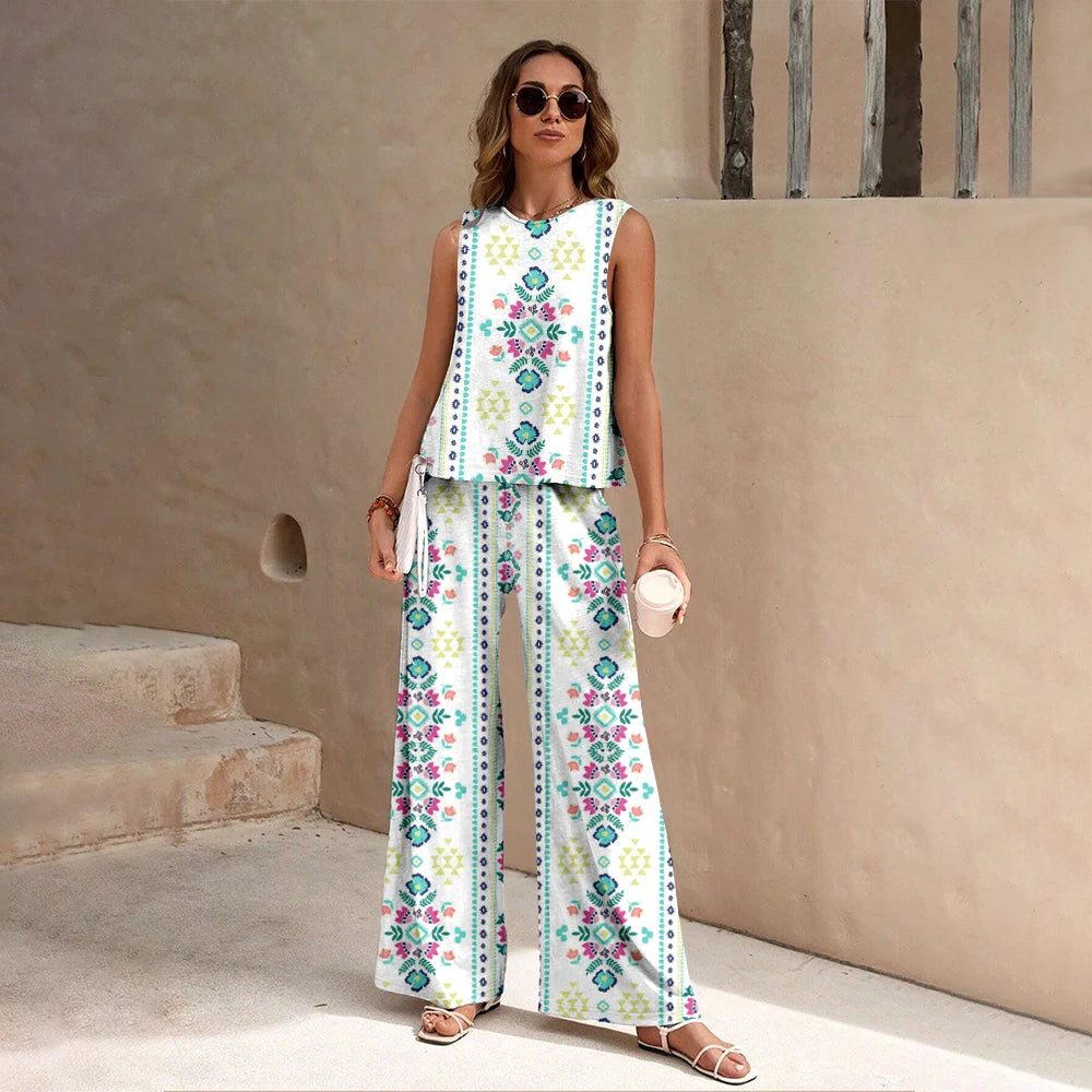 Camiseta sem mangas estampada floral feminina de verão, conjunto de calças compridas, final de semana de férias, roupas soltas de rua casuais de alta qualidade 2024
