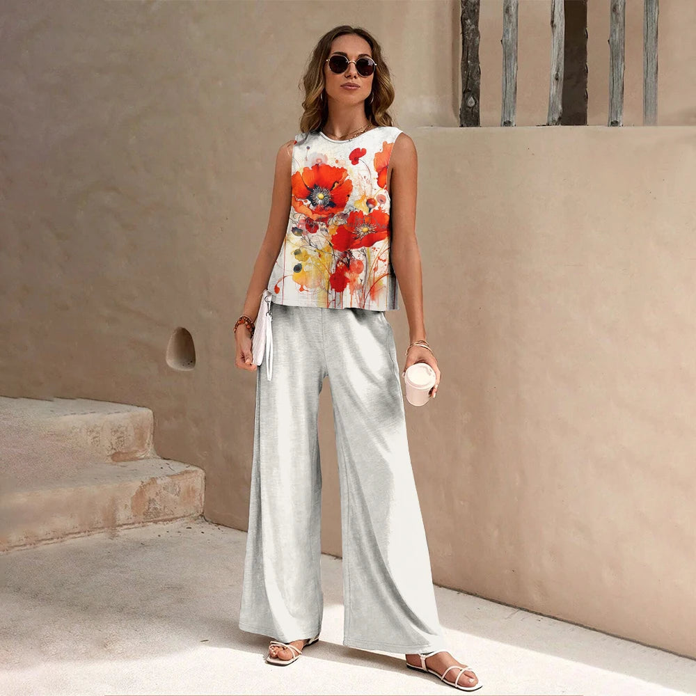 Camiseta sem mangas estampada floral feminina de verão, conjunto de calças compridas, final de semana de férias, roupas soltas de rua casuais de alta qualidade 2024