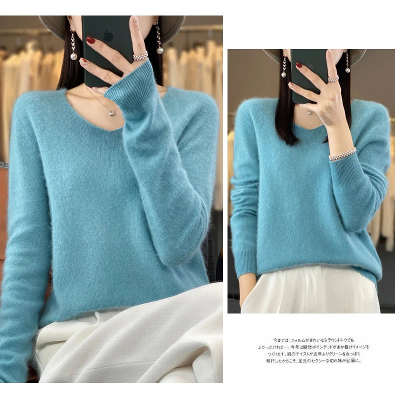 100% Merino puro lã V-neck outono e inverno pulôver, moda coreana nova camisola de caxemira macia, top quente de malha casual feminino