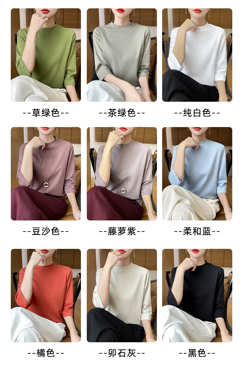 Summer And Autumn New 100% Cotton T-shirt Women's Semi-High-Necked Cropped Sleeves Loose Solid Color Bottoming Top