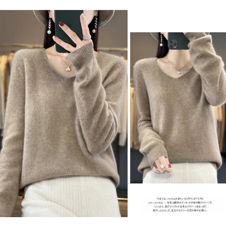 100% Merino puro lã V-neck outono e inverno pulôver, moda coreana nova camisola de caxemira macia, top quente de malha casual feminino