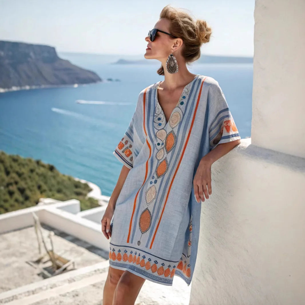 Elegant Fashion V-neck Vintage Casual loose Beach Dresses 2025 Elbow Sleeve Basic Bohemian Dress Vacation Women's Streetwear