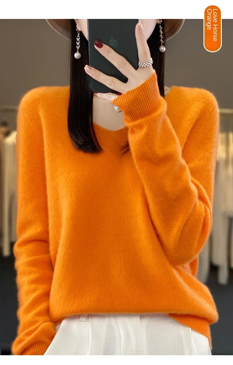 100% Merino puro lã V-neck outono e inverno pulôver, moda coreana nova camisola de caxemira macia, top quente de malha casual feminino