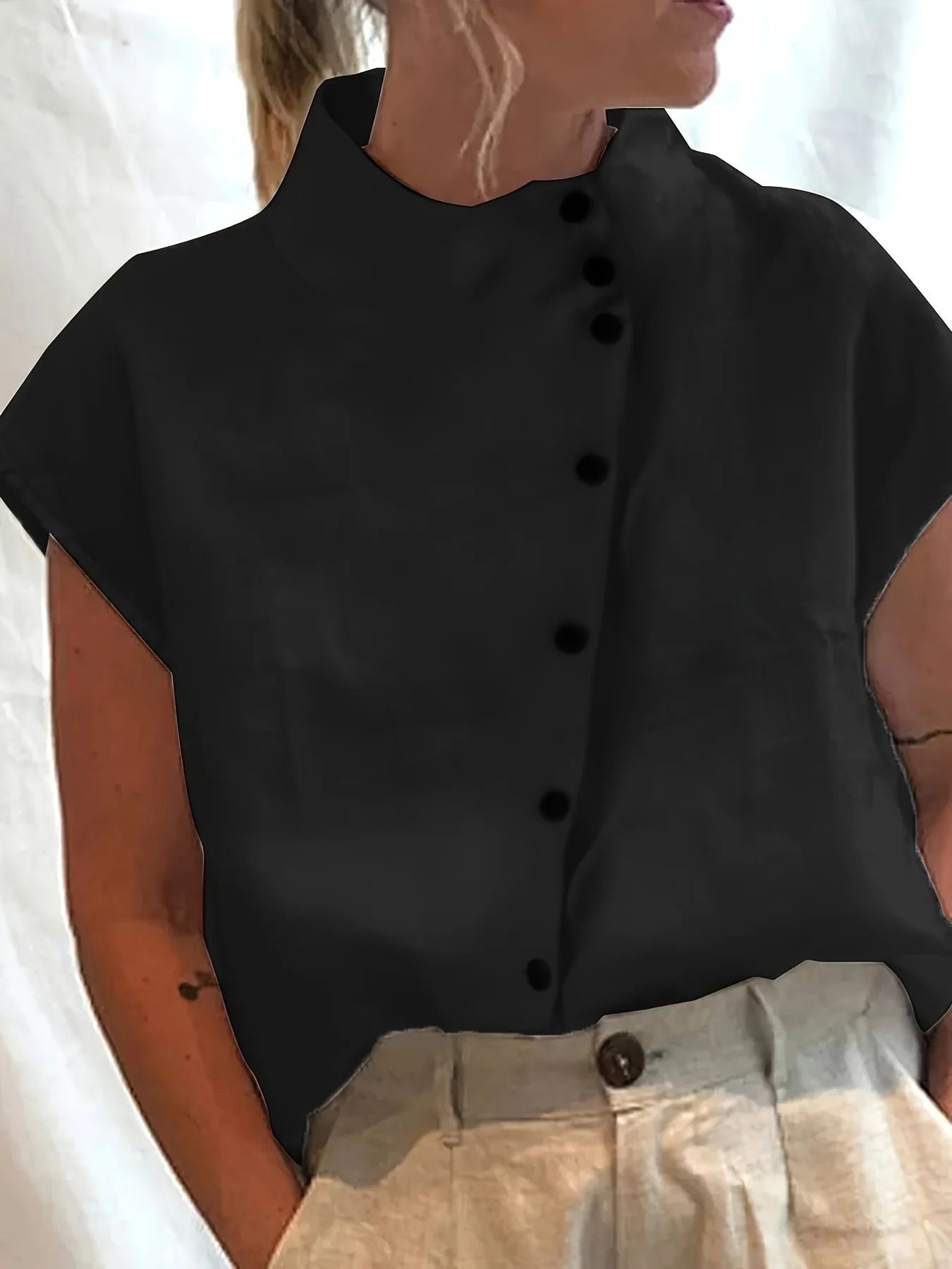 Summer Cotton Short Sleeve Blouse Women 2025 Fashion Button Stand Collar Loose Shirts And Blouses Tops Casual