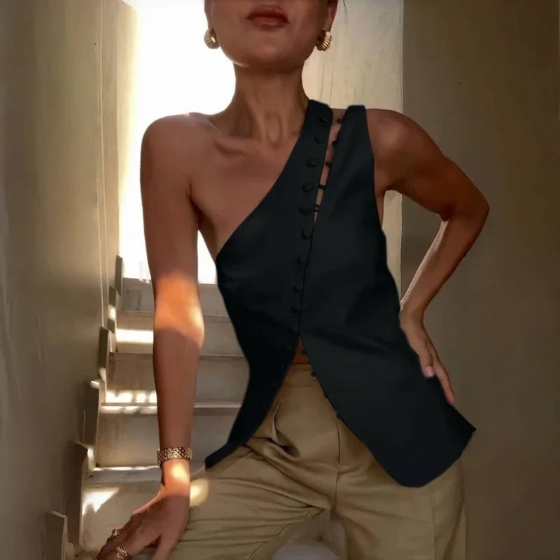 WhereMery Sexy Off Shoulder Hollow Out Top Vintage Sleeveless Solid Backless Vest Summer Daily Street Party Spice Girls Camisole