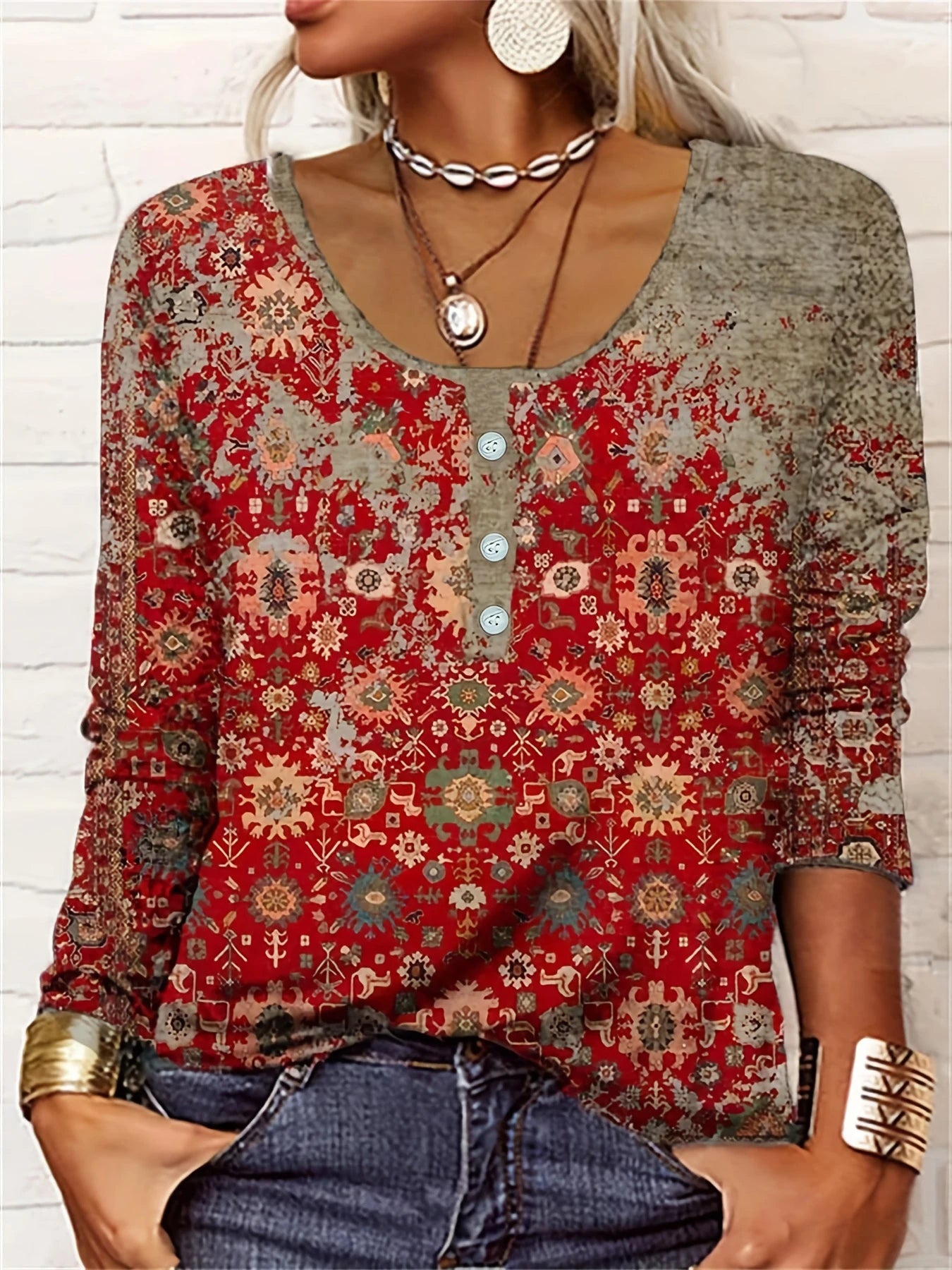 Autumn thin button ethnic print plus size women's long-sleeved T-shirt