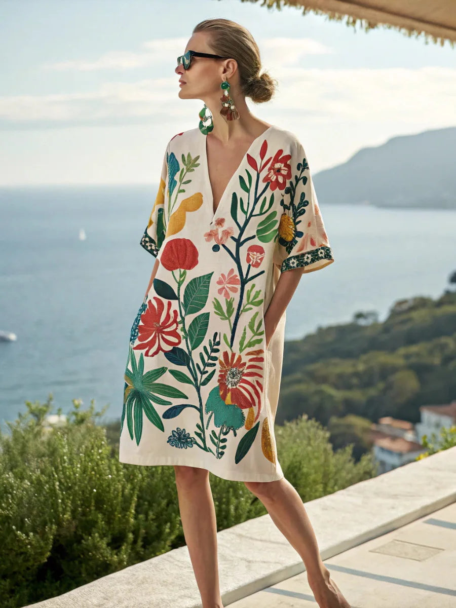 Elegant Fashion V-neck Vintage Casual loose Beach Dresses 2025 Elbow Sleeve Basic Bohemian Dress Vacation Women's Streetwear