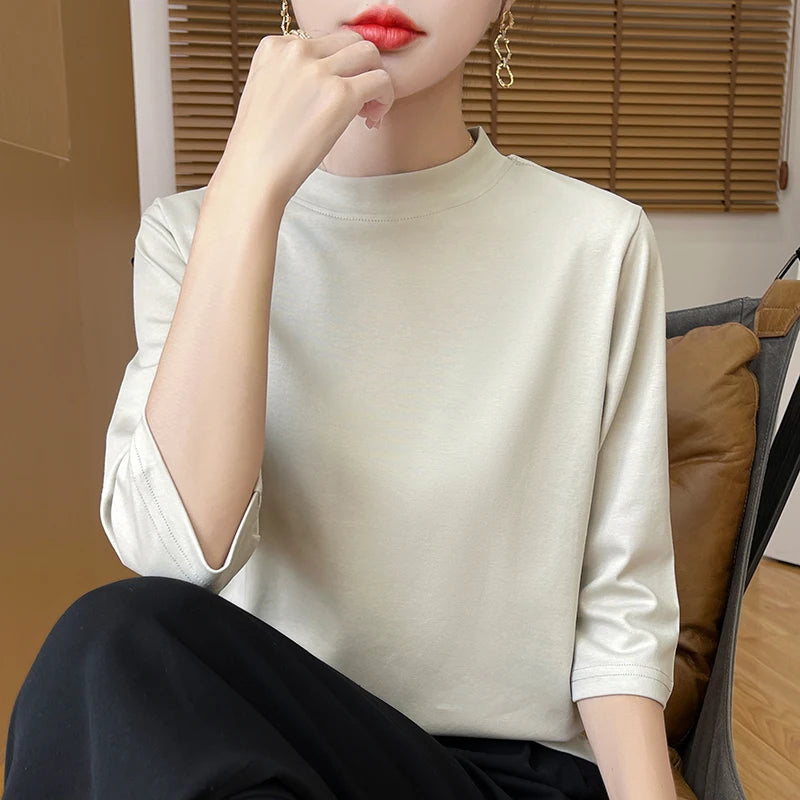 Summer And Autumn New 100% Cotton T-shirt Women's Semi-High-Necked Cropped Sleeves Loose Solid Color Bottoming Top