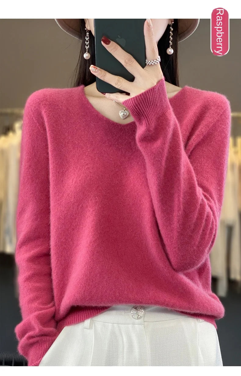 100% Merino puro lã V-neck outono e inverno pulôver, moda coreana nova camisola de caxemira macia, top quente de malha casual feminino