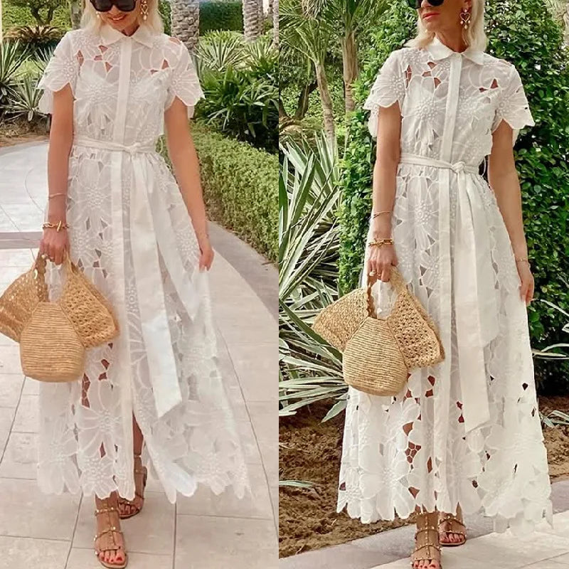 Summer Casual Solid Color Holiday Dresses Summer Women's Tie Up Lace Dress Sexy Hollow Short Sleeved Single Breasted Long Dress