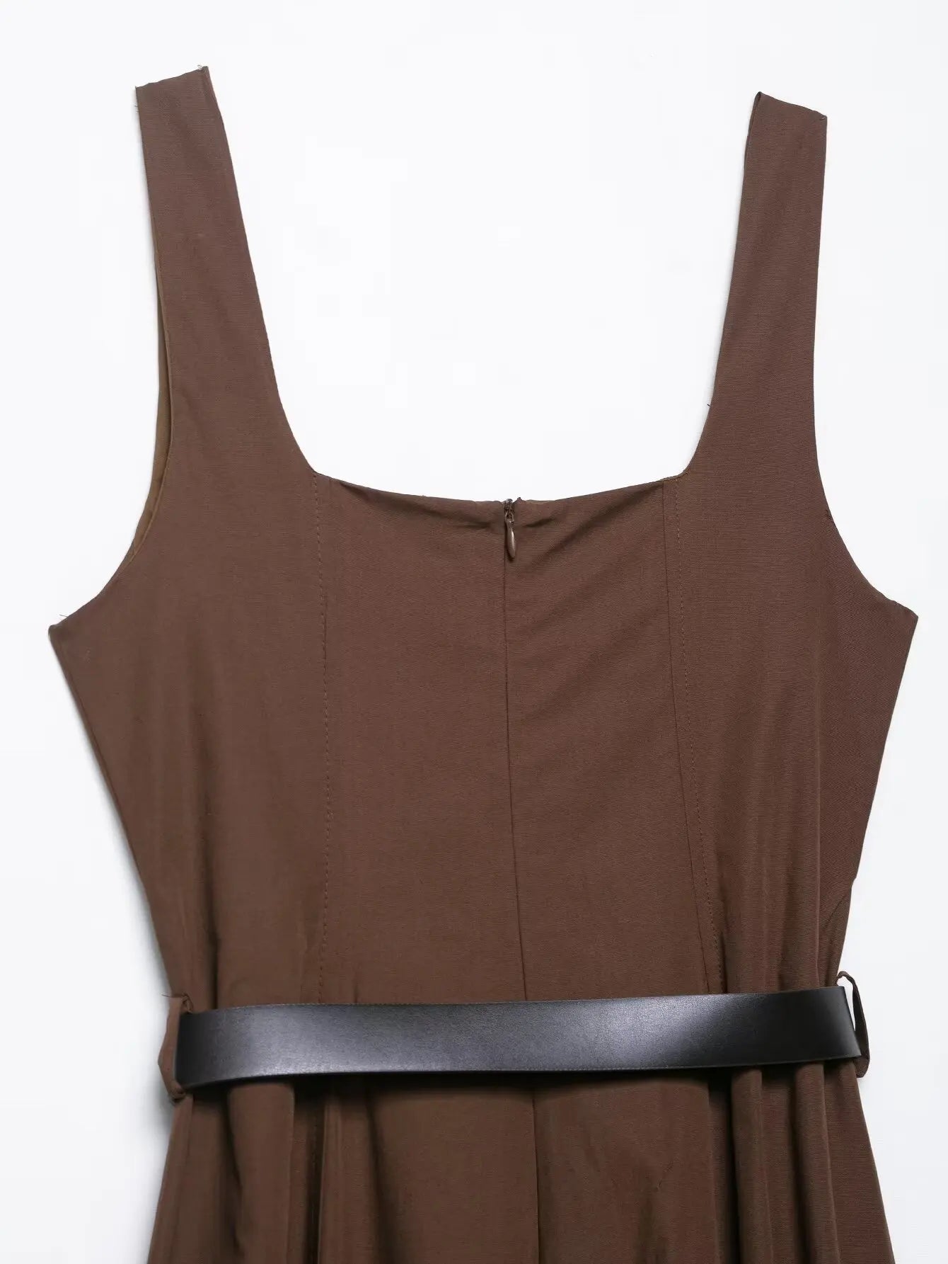 Tfmln feminino pescoço quadrado sólido com cinto a linha vestido verão novo sem mangas casual sem costas zíper vestido longo simples commuter