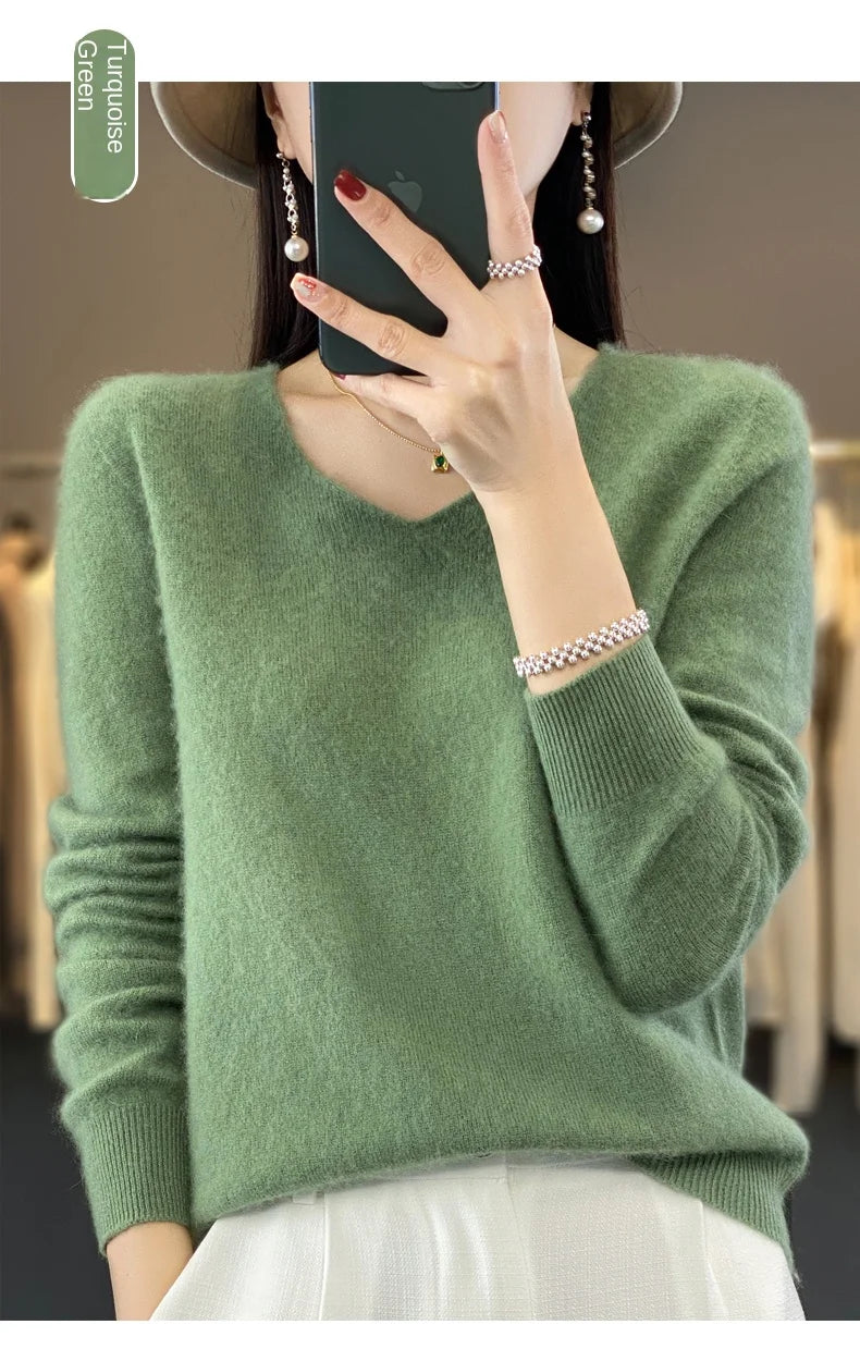 100% Merino puro lã V-neck outono e inverno pulôver, moda coreana nova camisola de caxemira macia, top quente de malha casual feminino
