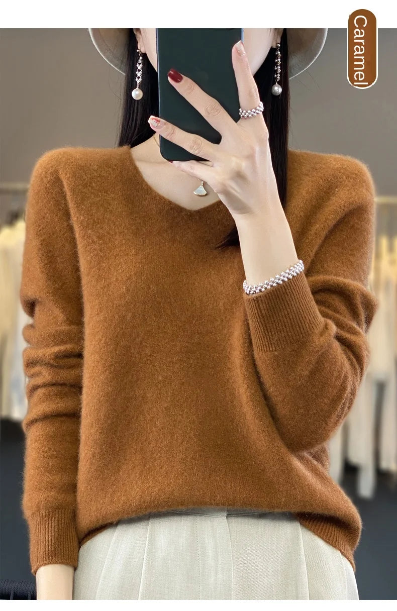 100% Merino puro lã V-neck outono e inverno pulôver, moda coreana nova camisola de caxemira macia, top quente de malha casual feminino