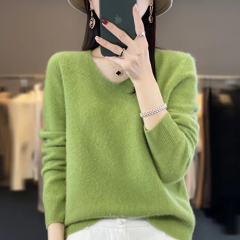 100% Merino puro lã V-neck outono e inverno pulôver, moda coreana nova camisola de caxemira macia, top quente de malha casual feminino