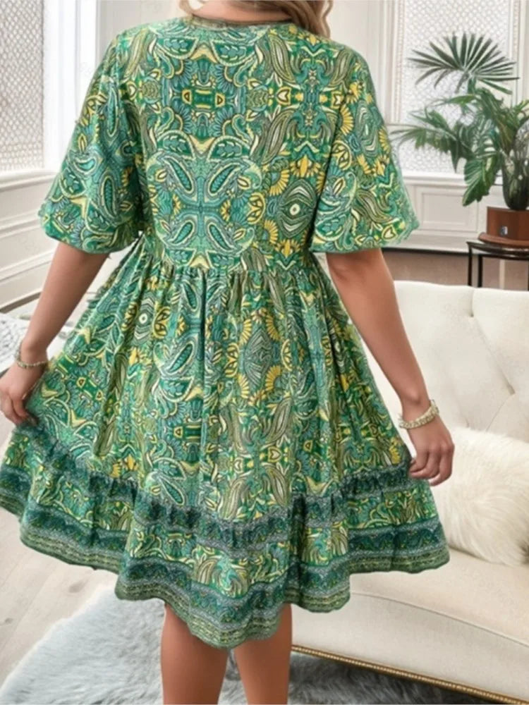 Fashion Floral Print Dress Summer Women Casual Short Sleeve V-neck A-line Loose Beach Party Holiday Dresses Female Robe Femme