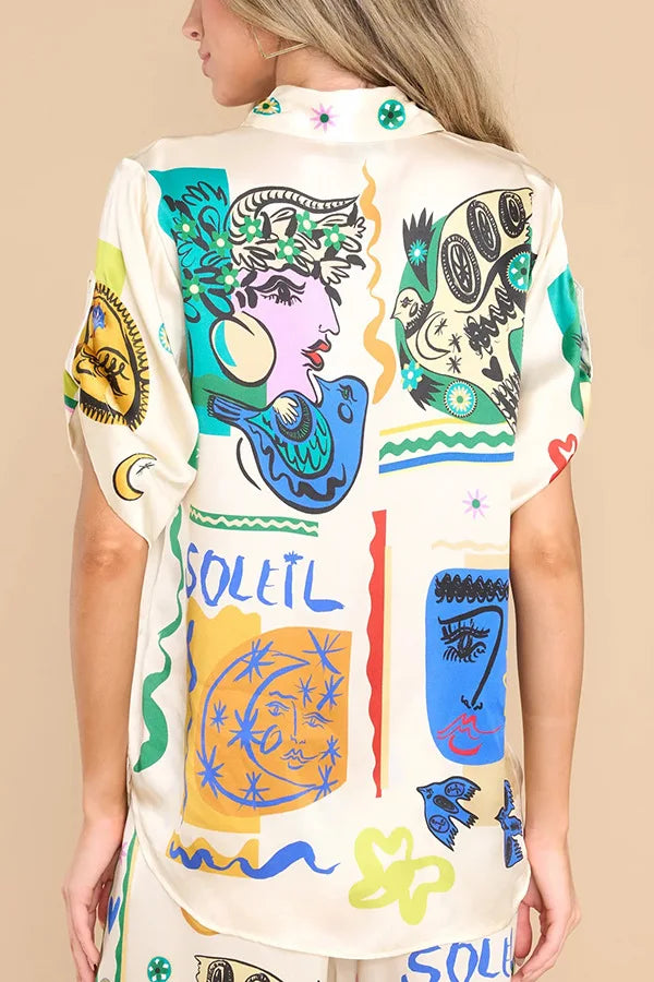 Conjunto  Feminino Camisa de Cetim com Estampa Digital e Calça de Cintura Alta com Bolsos - Millie Bobby