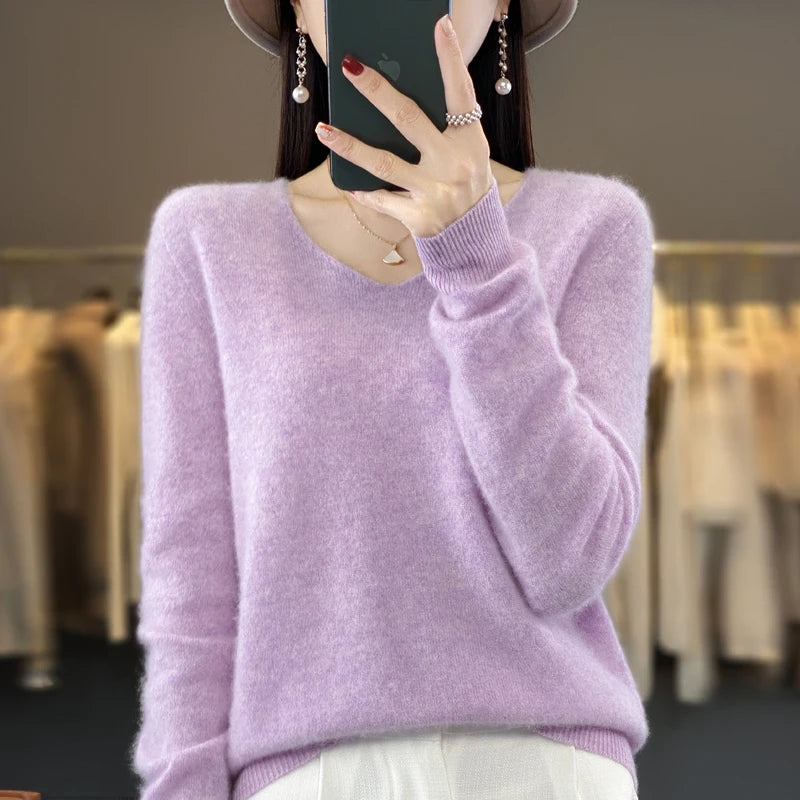 100% Merino puro lã V-neck outono e inverno pulôver, moda coreana nova camisola de caxemira macia, top quente de malha casual feminino
