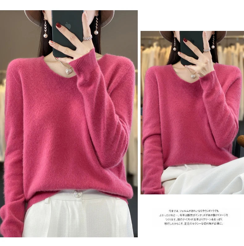 100% Merino puro lã V-neck outono e inverno pulôver, moda coreana nova camisola de caxemira macia, top quente de malha casual feminino