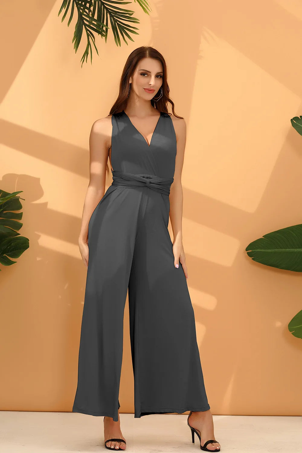 Women Jumpsuits Overalls Sleeveless V Nec Solid Color Wide Leg Pants Office Lady Casual Flat Slim Fit Sexy Backless 2023