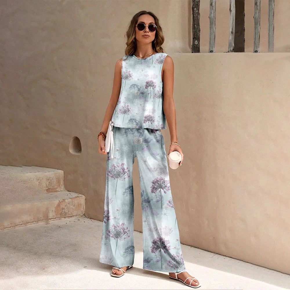 Camiseta sem mangas estampada floral feminina de verão, conjunto de calças compridas, final de semana de férias, roupas soltas de rua casuais de alta qualidade 2024