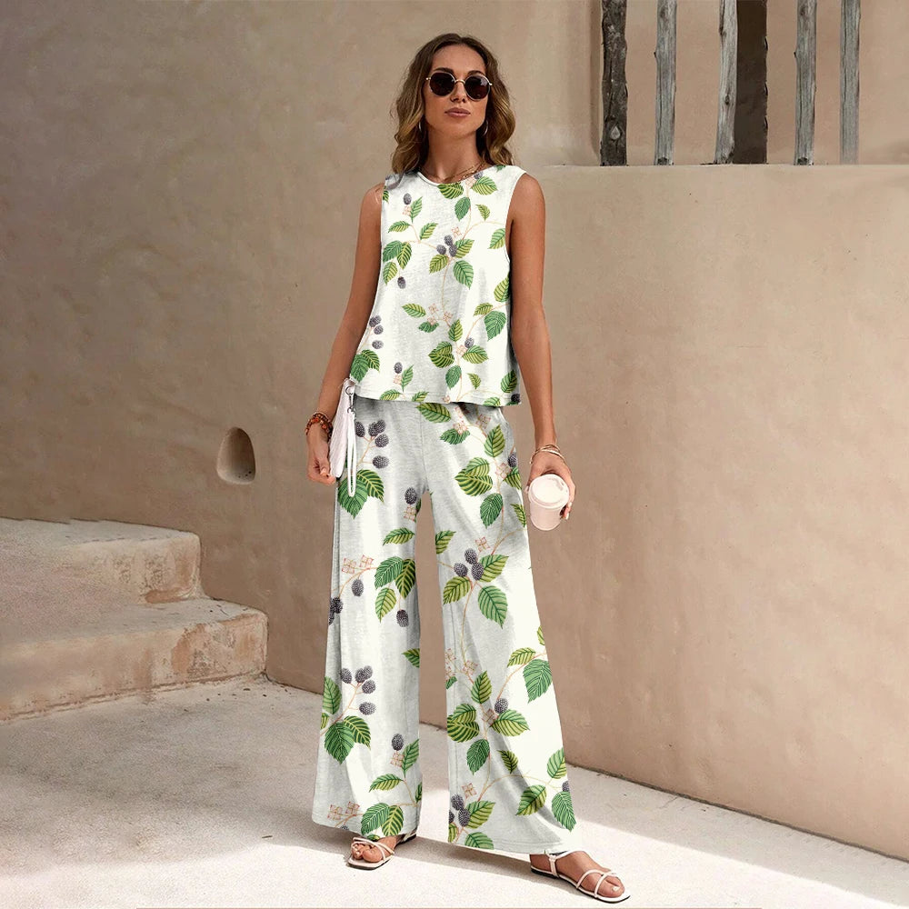 Camiseta sem mangas estampada floral feminina de verão, conjunto de calças compridas, final de semana de férias, roupas soltas de rua casuais de alta qualidade 2024