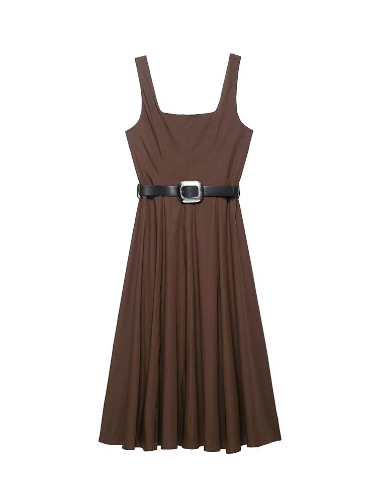 Tfmln feminino pescoço quadrado sólido com cinto a linha vestido verão novo sem mangas casual sem costas zíper vestido longo simples commuter