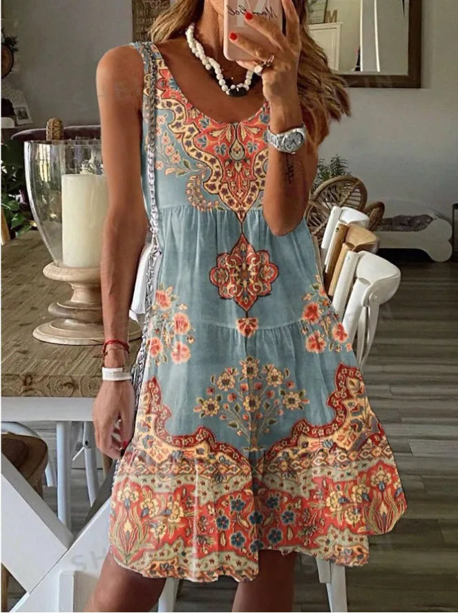 2024 AliExpress Europe and the United States Cross Border Summer Print Sleeveless V-Neck Vest Fashion Resort Print Dress Women