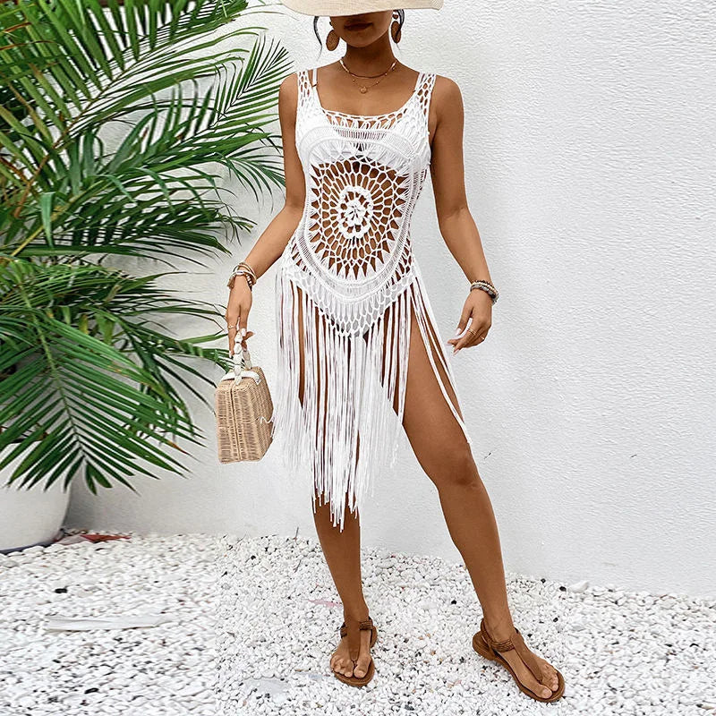 Crochê artesanal feminino escava mini vestido de praia, capas, biquíni sexy, moda praia, roupa de banho, moda praia, novo, 2024