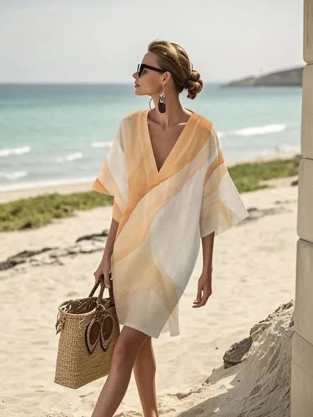 Elegant Fashion V-neck Vintage Casual loose Beach Dresses 2025 Elbow Sleeve Basic Bohemian Dress Vacation Women's Streetwear
