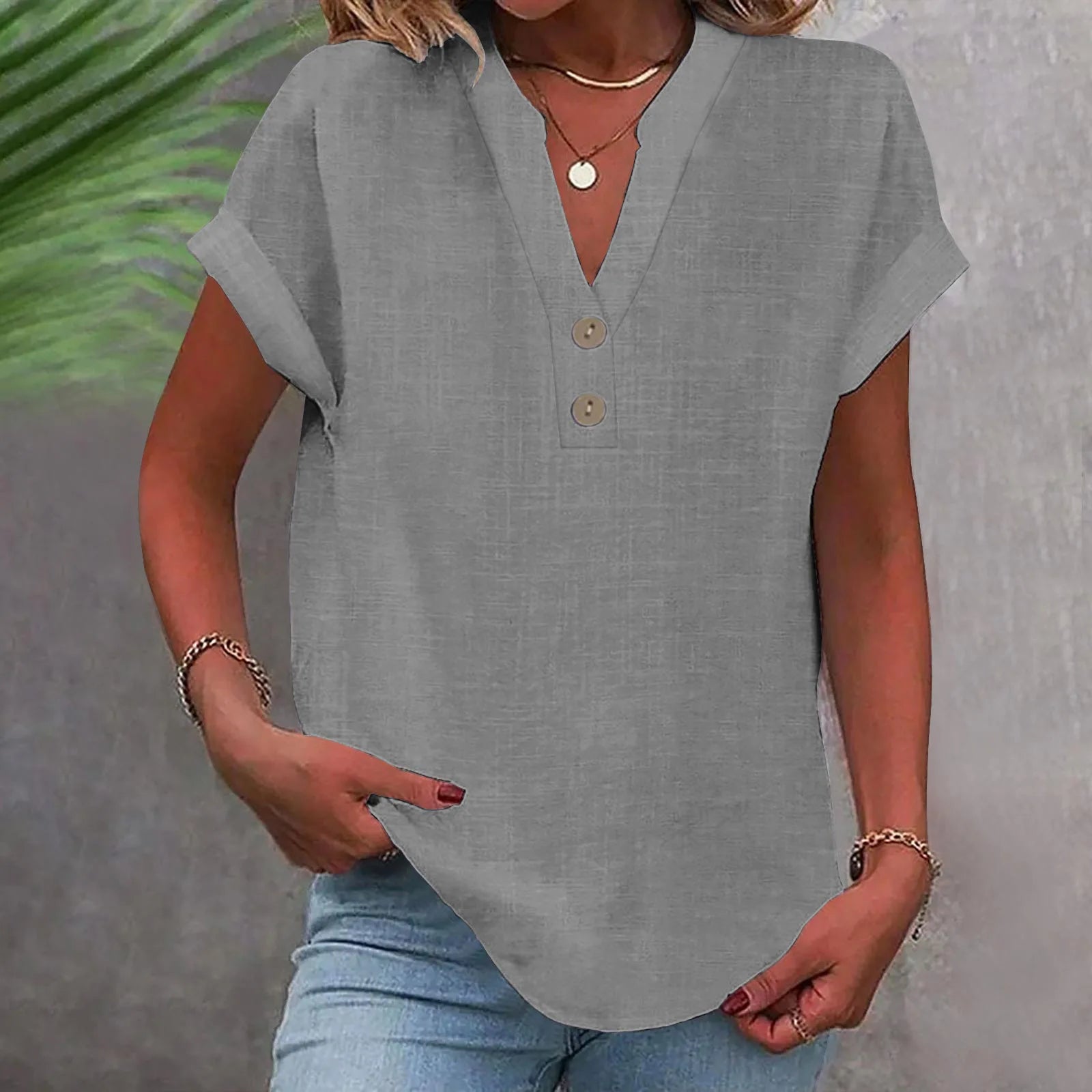 2025 Summer Cotton Linen Breathable Solid Color Button Down V-neck Shirt Basic And Versatile Casual Comfortable Lady Office Tops