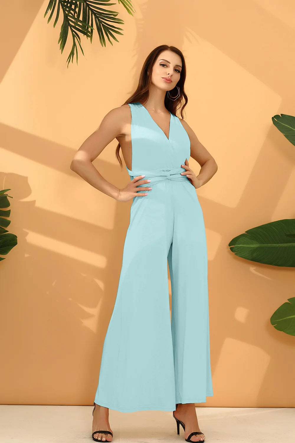 Women Jumpsuits Overalls Sleeveless V Nec Solid Color Wide Leg Pants Office Lady Casual Flat Slim Fit Sexy Backless 2023