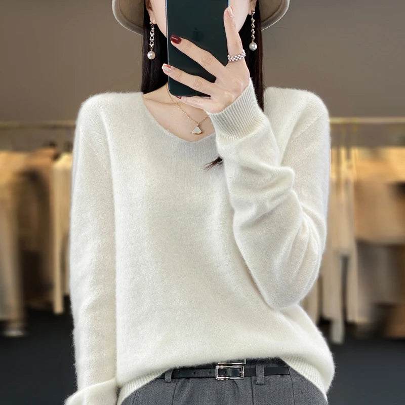 100% Merino puro lã V-neck outono e inverno pulôver, moda coreana nova camisola de caxemira macia, top quente de malha casual feminino
