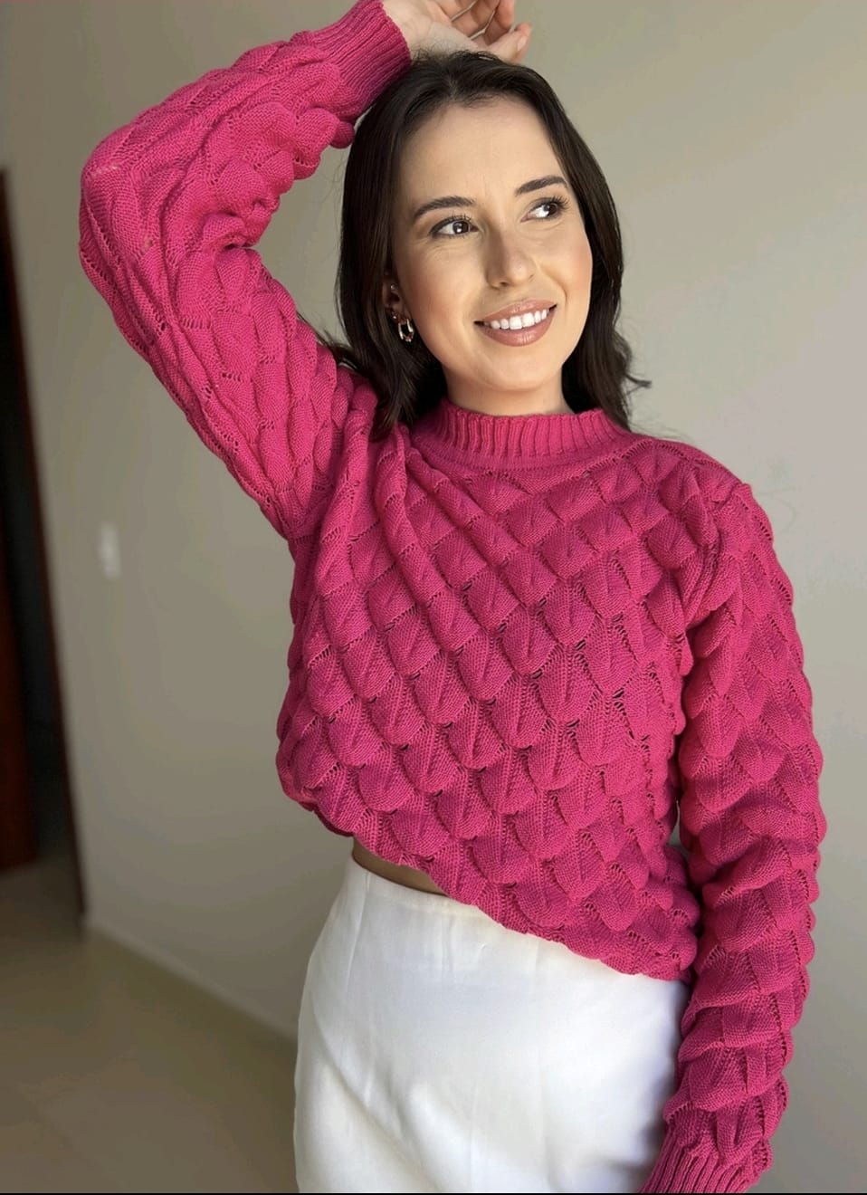 Suéter Feminina Malha Tricot Quente Coleção Inverno Blusa Cropped Desenho Escamas - Nataly