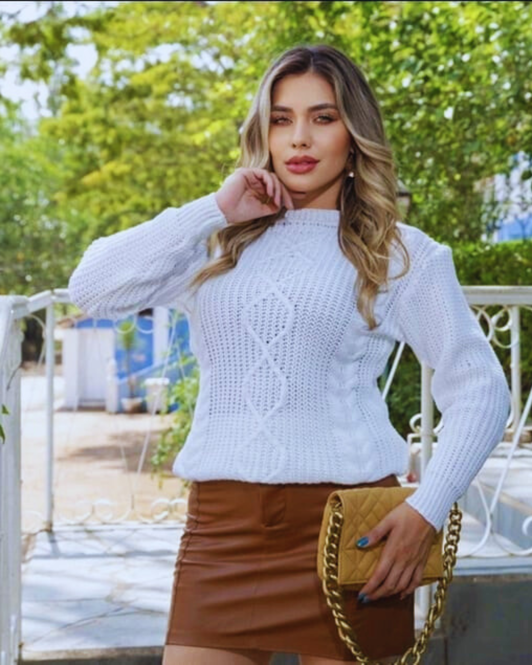 Suéter Feminina Malha Tricot com Desenho Relevo Coleção Inverno Branco Quente - Esther