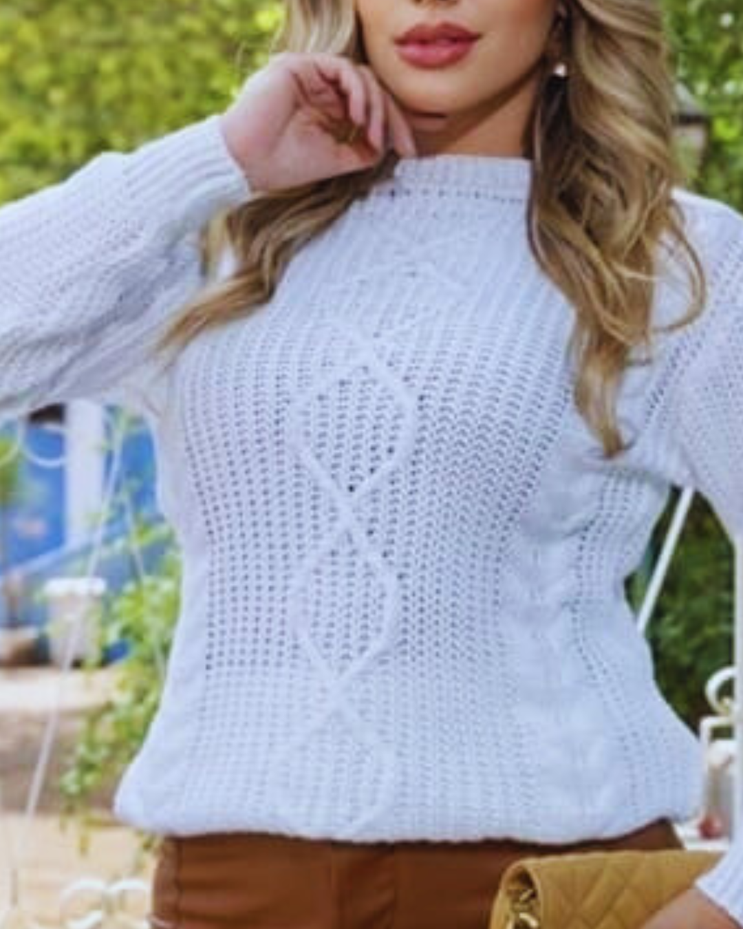 Suéter Feminina Malha Tricot com Desenho Relevo Coleção Inverno Branco Quente - Esther