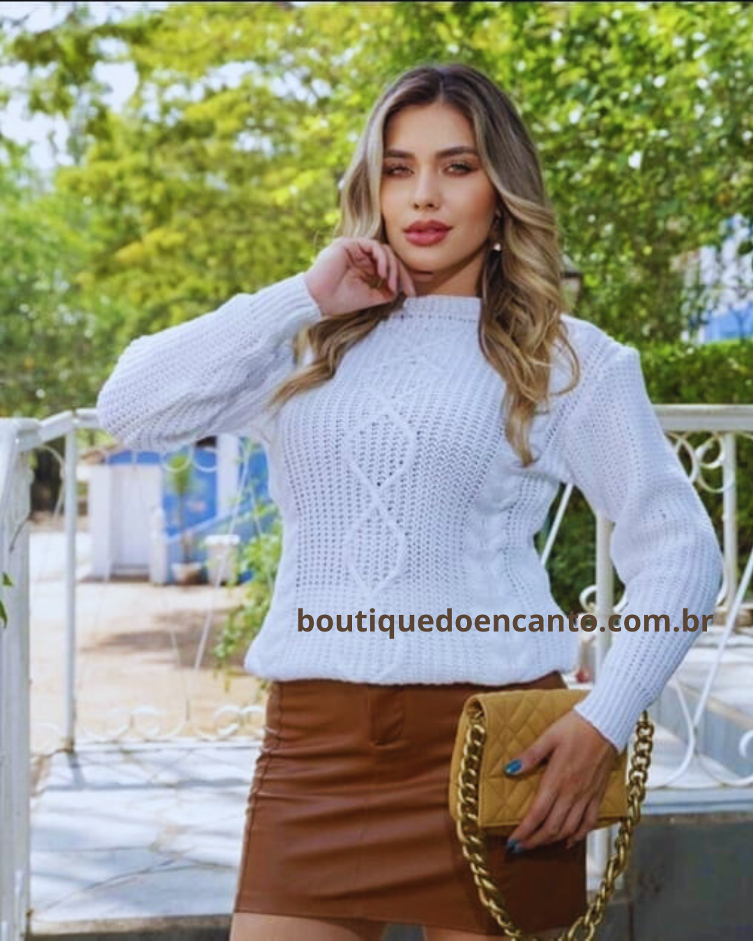 Suéter Feminina Malha Tricot com Desenho Relevo Coleção Inverno Branco Quente - Esther