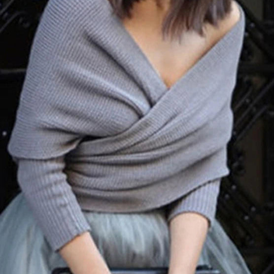 Suéter Feminino Decote Ombro a Ombro Tricot Elegante Moda Inverno Cachecol Fashion - Susana