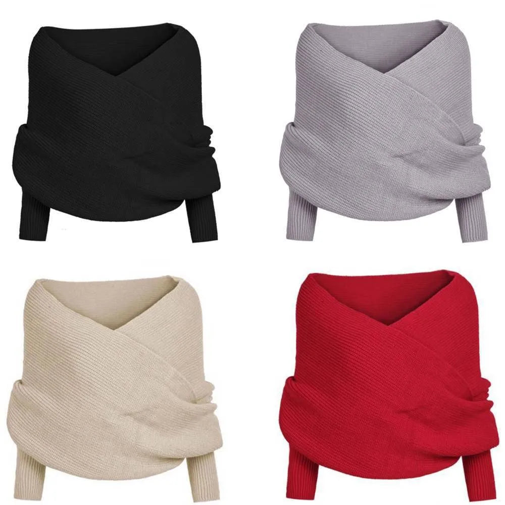 Suéter Feminino Decote Ombro a Ombro Tricot Elegante Moda Inverno Cachecol Fashion - Susana