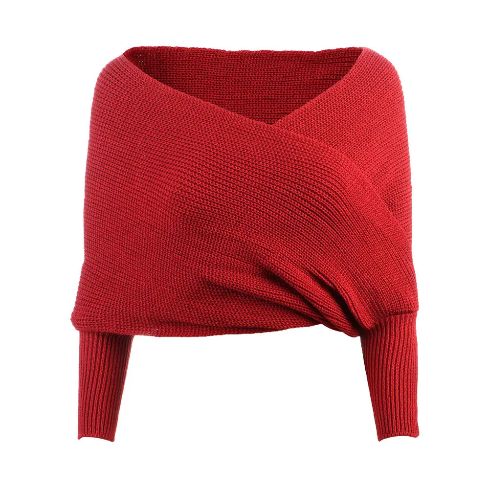 Suéter Feminino Decote Ombro a Ombro Tricot Elegante Moda Inverno Cachecol Fashion - Susana