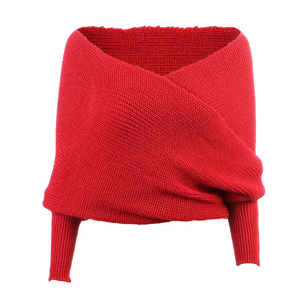 Suéter Feminino Decote Ombro a Ombro Tricot Elegante Moda Inverno Cachecol Fashion - Susana