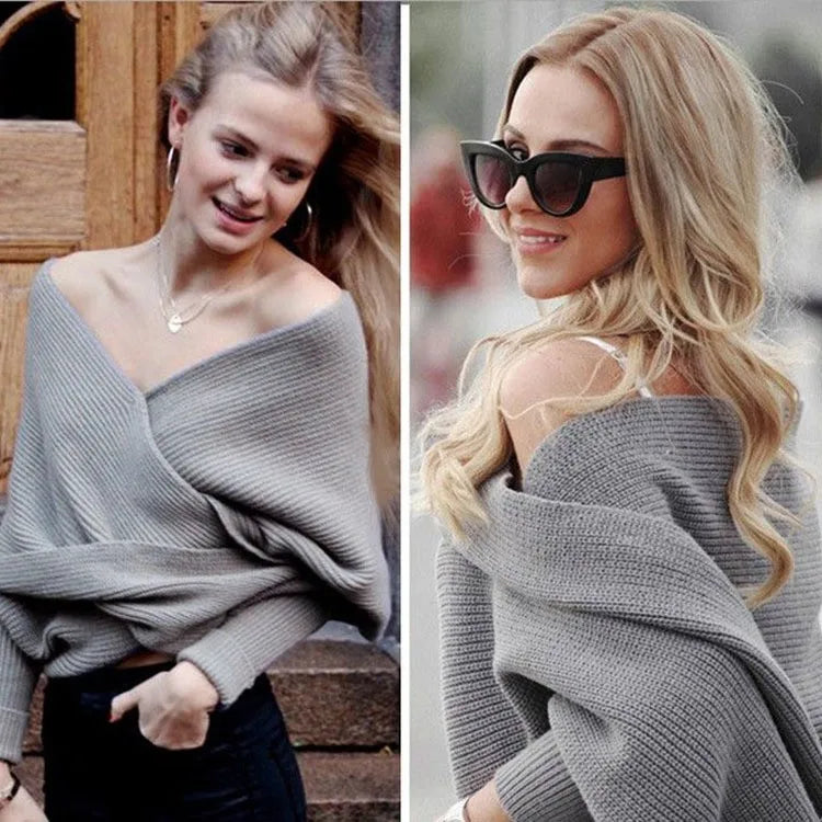 Suéter Feminino Decote Ombro a Ombro Tricot Elegante Moda Inverno Cachecol Fashion - Susana