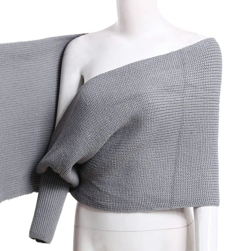 Suéter Feminino Decote Ombro a Ombro Tricot Elegante Moda Inverno Cachecol Fashion - Susana