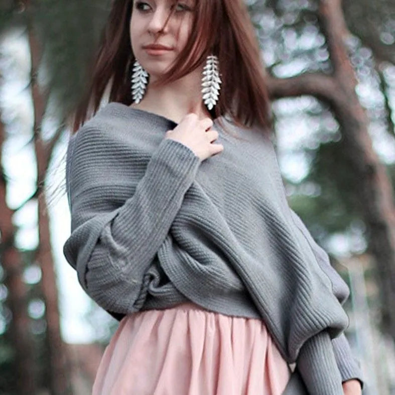Suéter Feminino Decote Ombro a Ombro Tricot Elegante Moda Inverno Cachecol Fashion - Susana