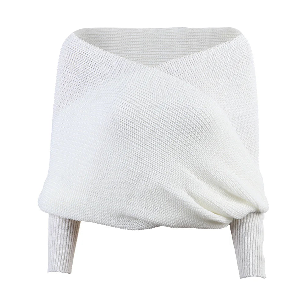Suéter Feminino Decote Ombro a Ombro Tricot Elegante Moda Inverno Cachecol Fashion - Susana