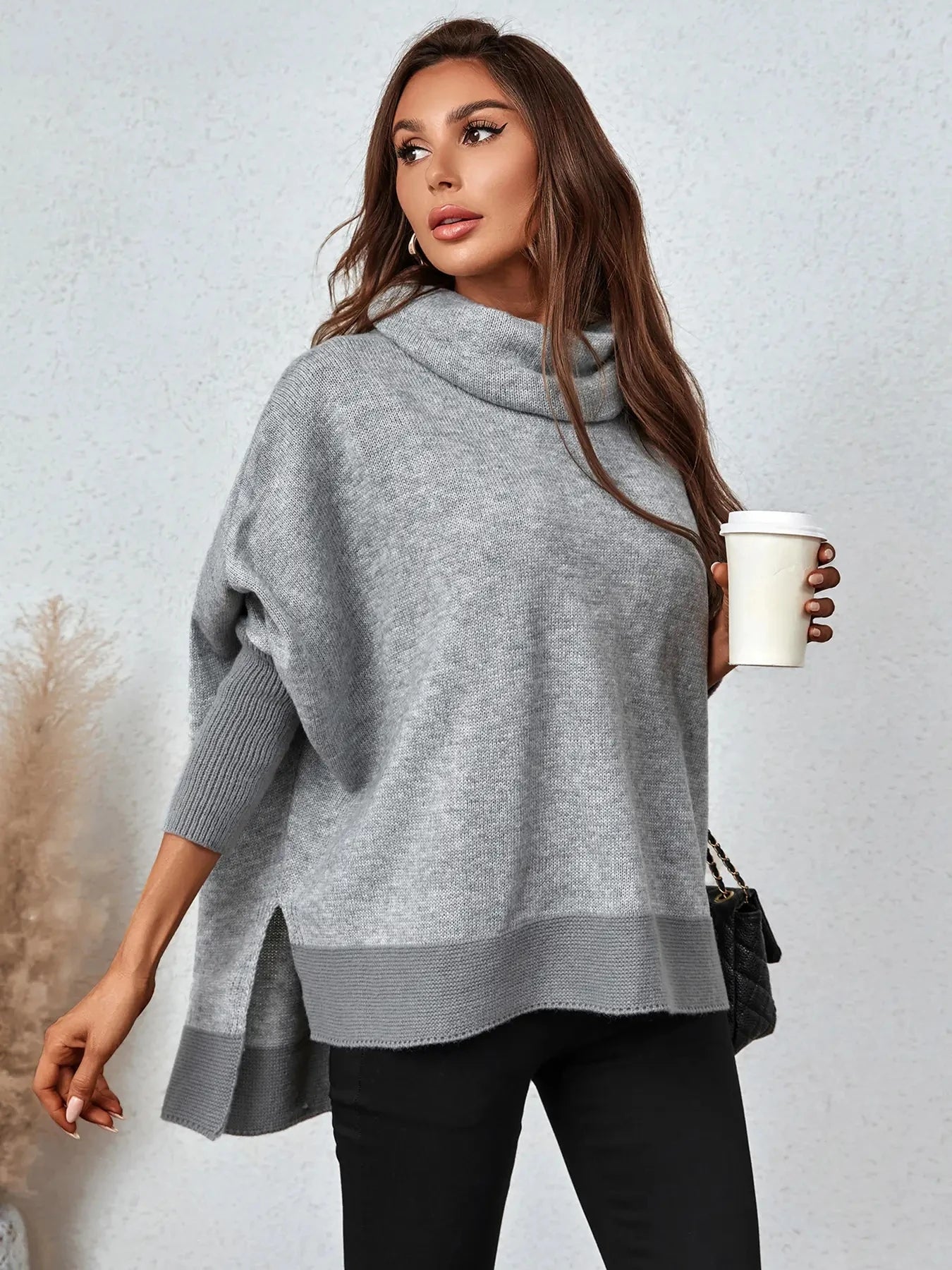 Suéter Feminino Gola Alta Tricot Manga Morcego Pulôver Moda Inverno Quente - Verónica