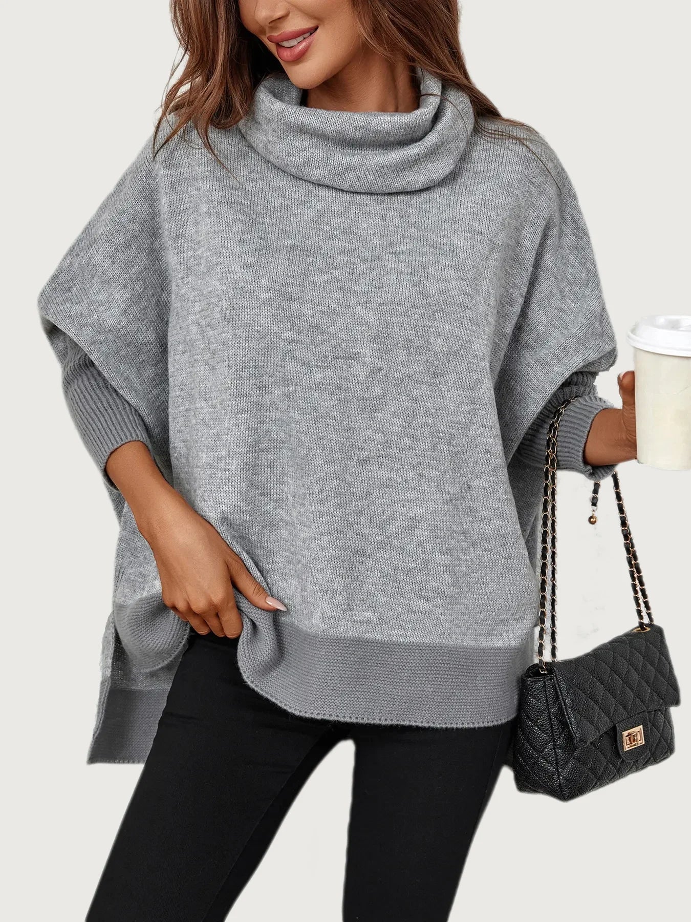 Suéter Feminino Gola Alta Tricot Manga Morcego Pulôver Moda Inverno Quente - Verónica