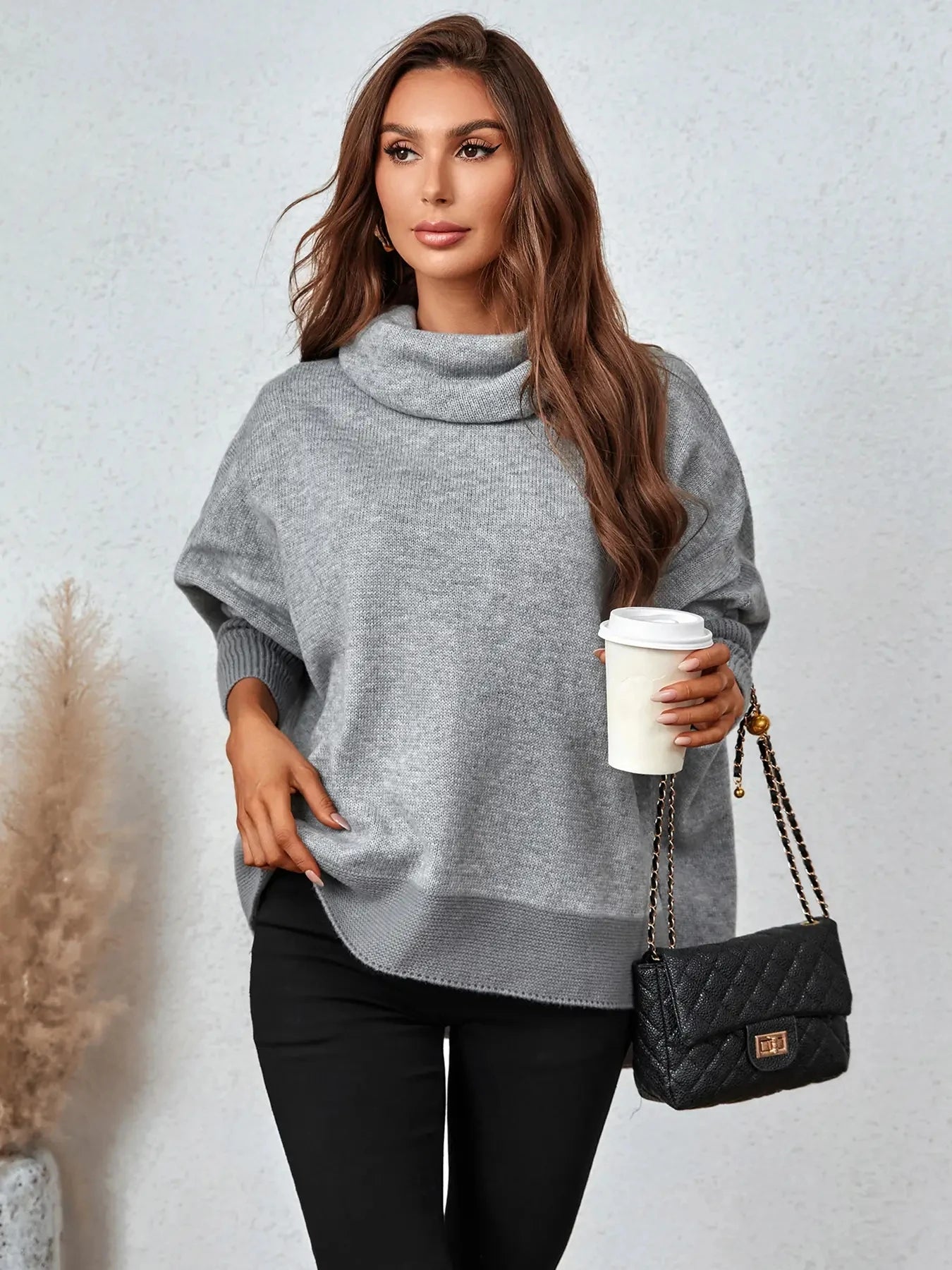 Suéter Feminino Gola Alta Tricot Manga Morcego Pulôver Moda Inverno Quente - Verónica