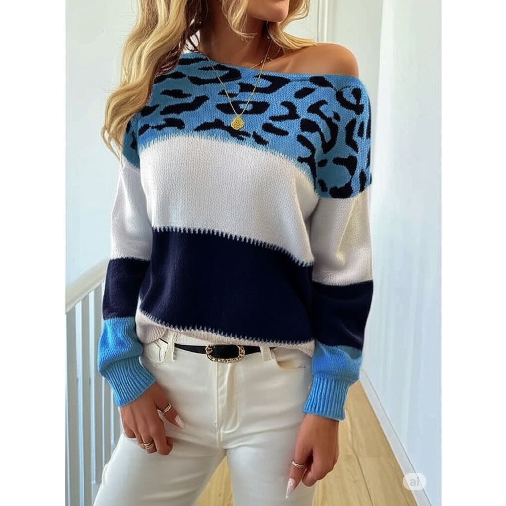  Suéter Feminino Malha Tricot Manga Longa Onça Listrado Inverno Básica Moda Casual - Anabela