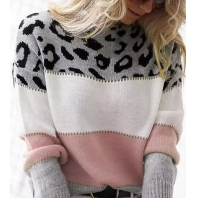  Suéter Feminino Malha Tricot Manga Longa Onça Listrado Inverno Básica Moda Casual - Anabela